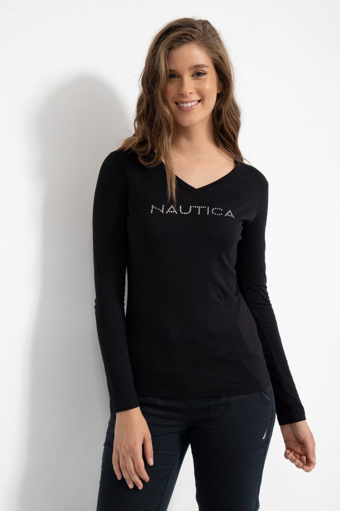 טי שירט מחשוף וי עם לוגו נאוטיקה ניטים