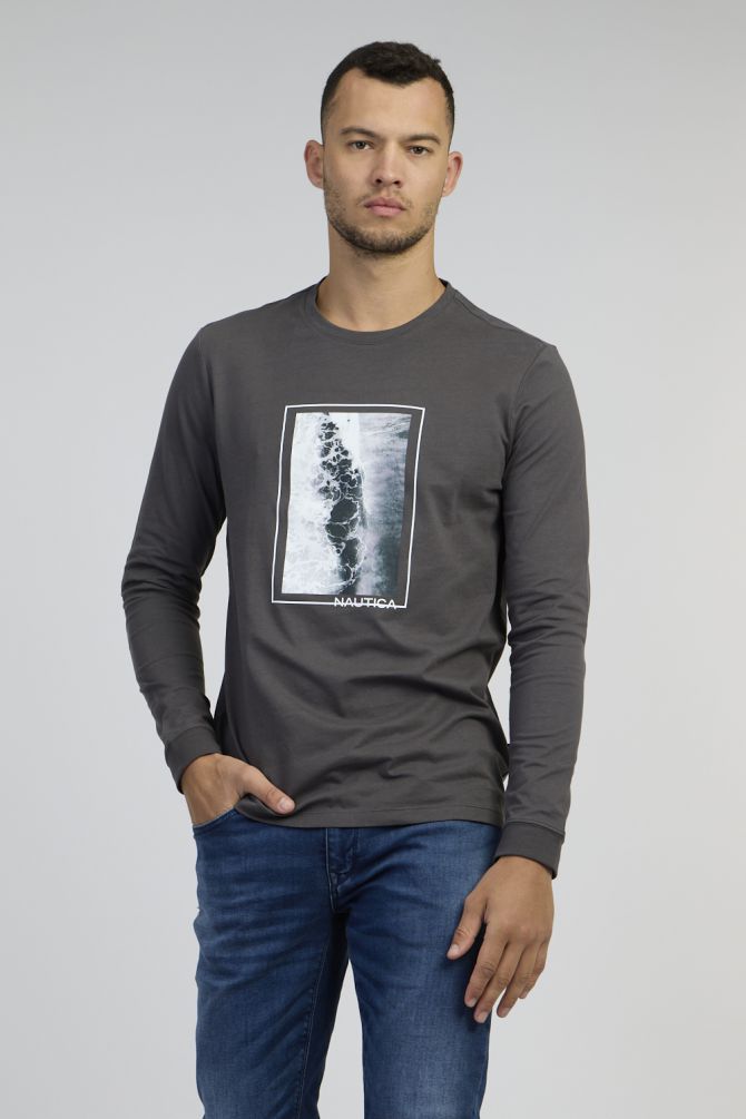 טי שירט עם שרוולים ארוכים עם הדפס ריבוע חוף