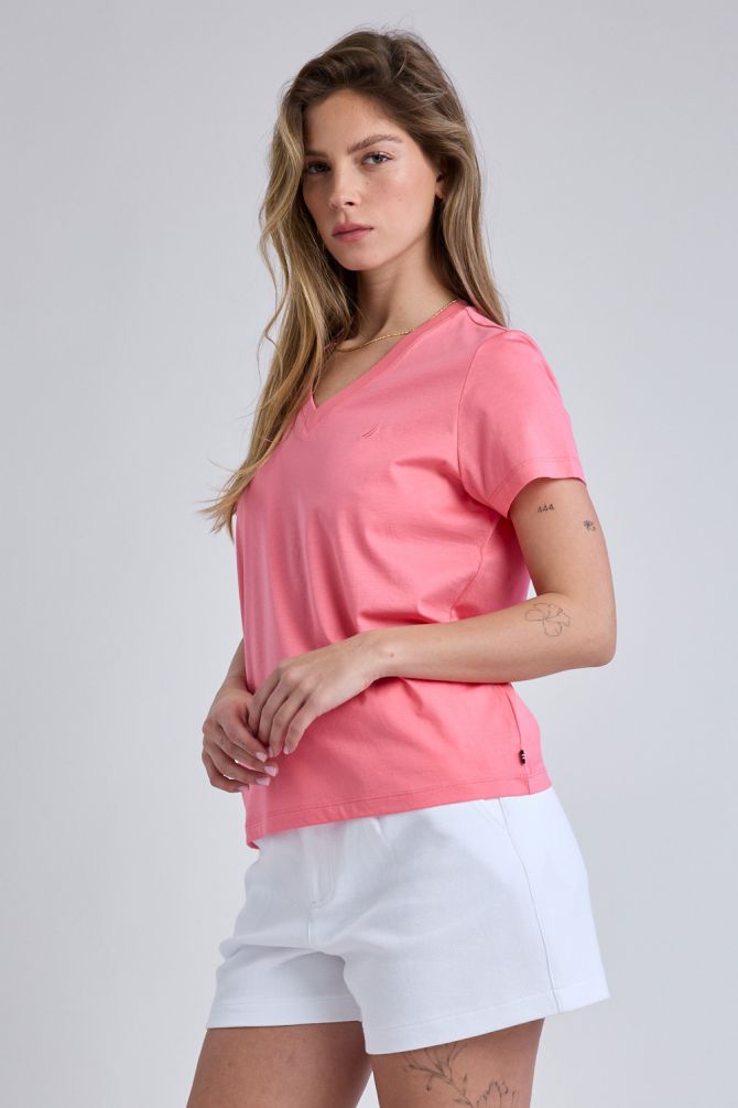 טי שירט קצרה עם צווארון V ולוגו Nautica לנשים