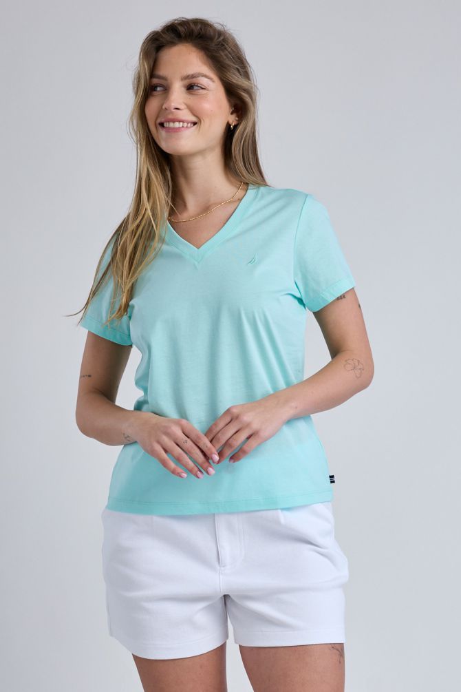 טי שירט קצרה עם צווארון V ולוגו Nautica לנשים