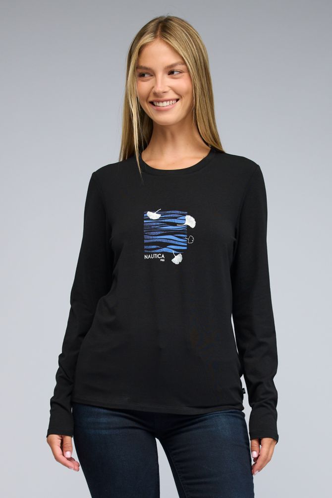 טי שירט Nautica ארוכה לנשים עם הדפס