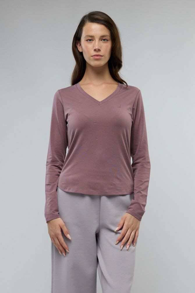 טי שירט בייסיק עם צווארון V ולוגו Nautica לנשים