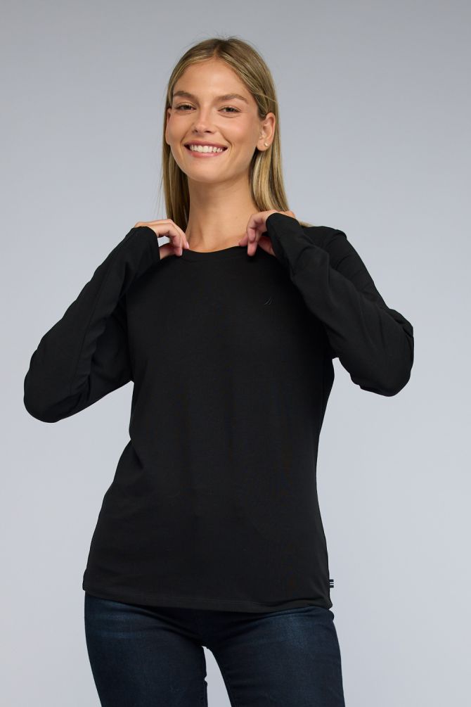 טי שירט Nautica ארוכה לנשים עם לוגו רקום