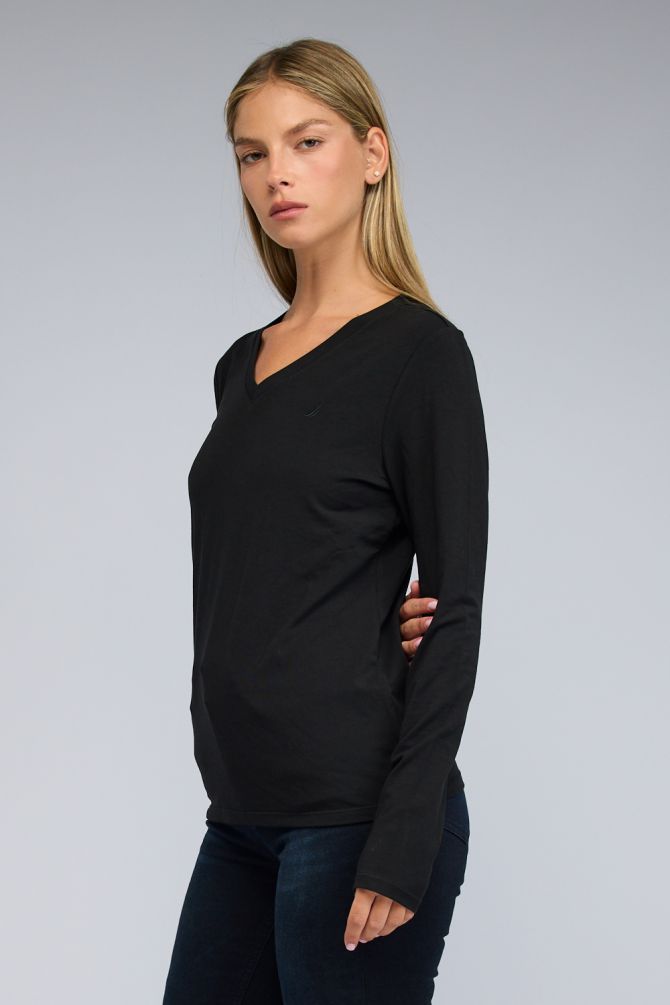 טי שירט Nautica ארוכה לנשים עם לוגו וצווארון וי