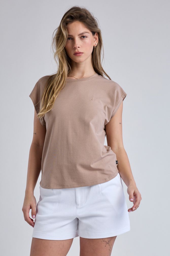 טי שירט עם שרוולי קאפ ולוגו Nautica לנשים