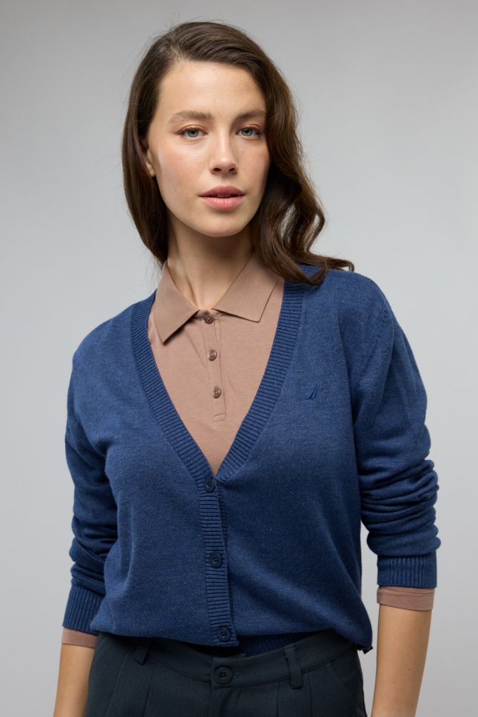 סריג קרדיגן עם כפתורים צווארון V עמוק ולוגו רקום לנשים