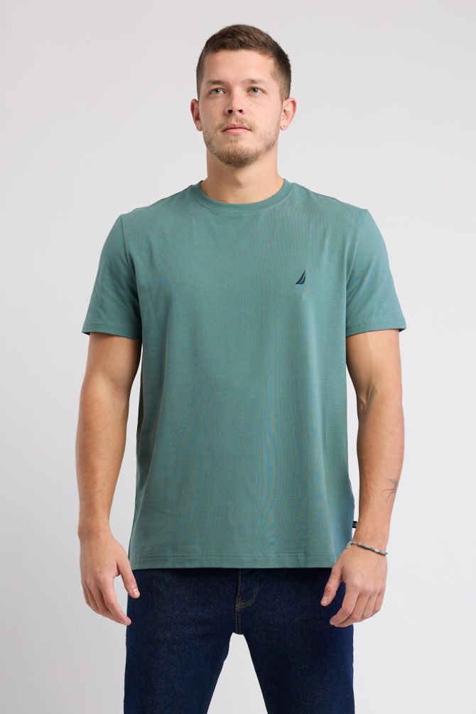 טי שירט בייסיק עם צווארון עגול ורקמת לוגו