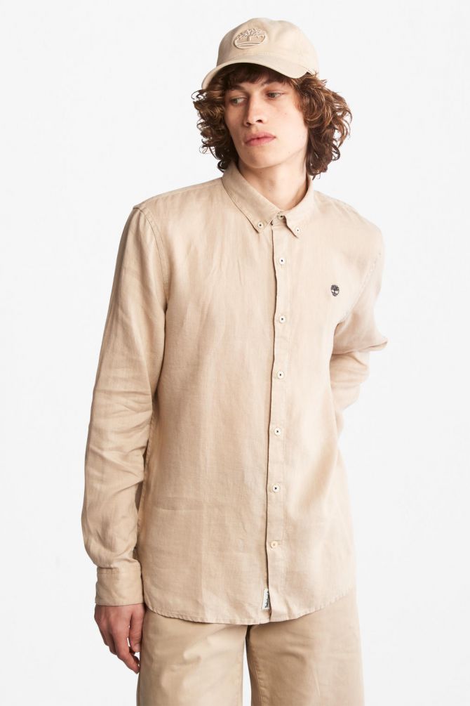 חולצת פשתן מכופתרת MILL BROOK לגברים עם לוגו רקום