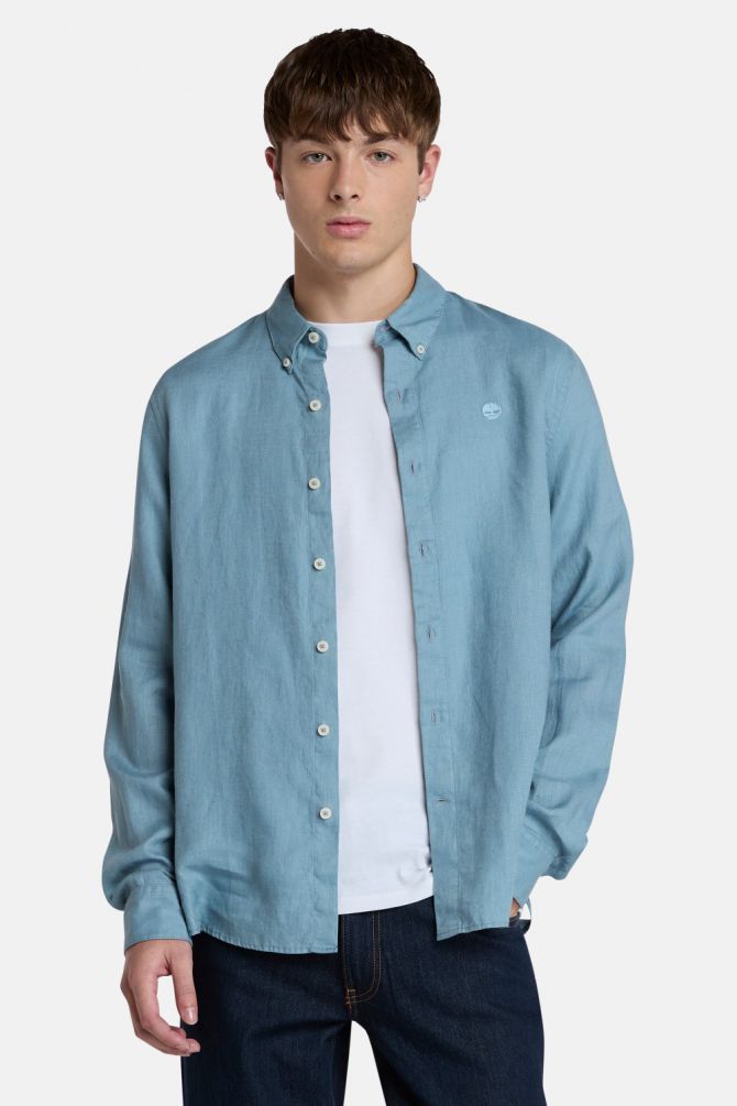 חולצת פשתן מכופתרת MILL BROOK לגברים עם לוגו רקום