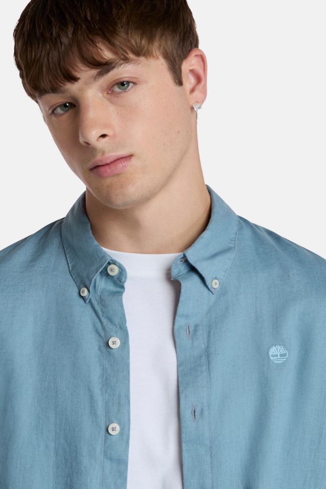 חולצת פשתן מכופתרת MILL BROOK לגברים עם לוגו רקום