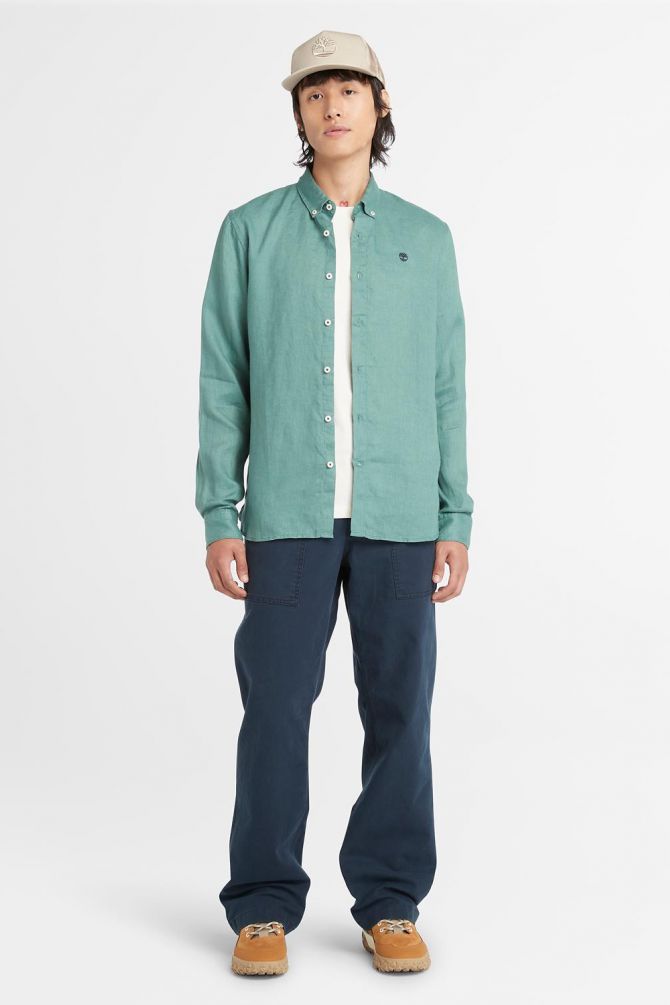 חולצת פשתן מכופתרת MILL BROOK לגברים עם לוגו רקום