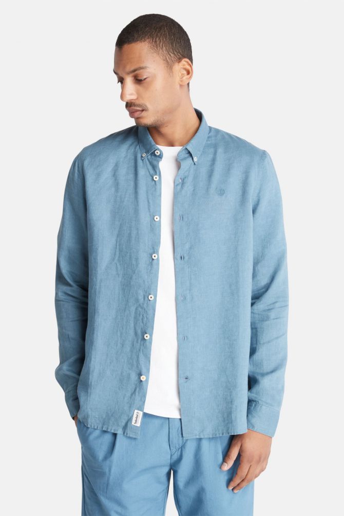 חולצת פשתן מכופתרת MILL BROOK לגברים עם לוגו רקום