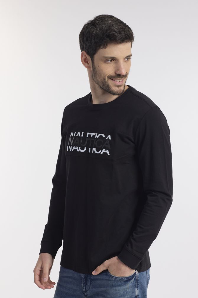 טי שירט שרוולים ארוכים וצווארון עגול לגבר עם לוגו מחולק