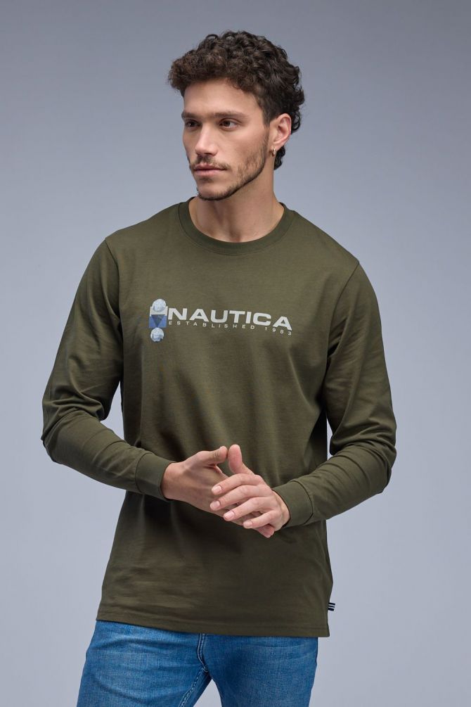 טי שירט ארוכה עם הדפס Nautica דו צדדי לגברים