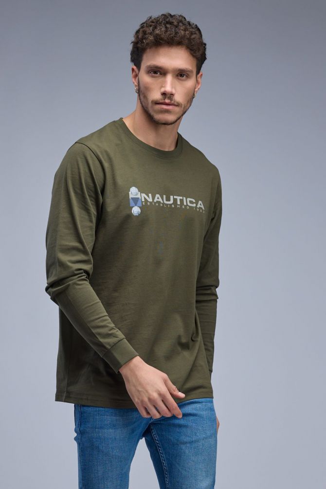 טי שירט ארוכה עם הדפס Nautica דו צדדי לגברים