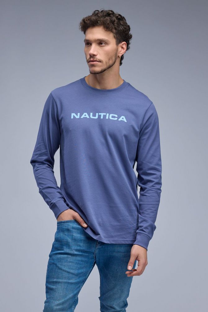 טי שירט ארוכה עם הדפס Nautica דו צדדי לגברים