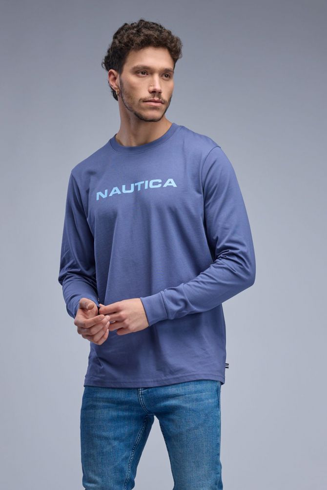 טי שירט ארוכה עם הדפס Nautica דו צדדי לגברים