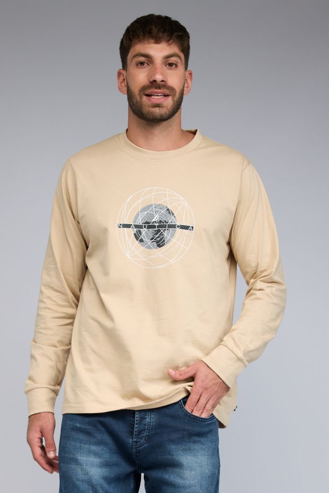 טי שירט Nautica לגברים עם שרוולים ארוכים והדפס