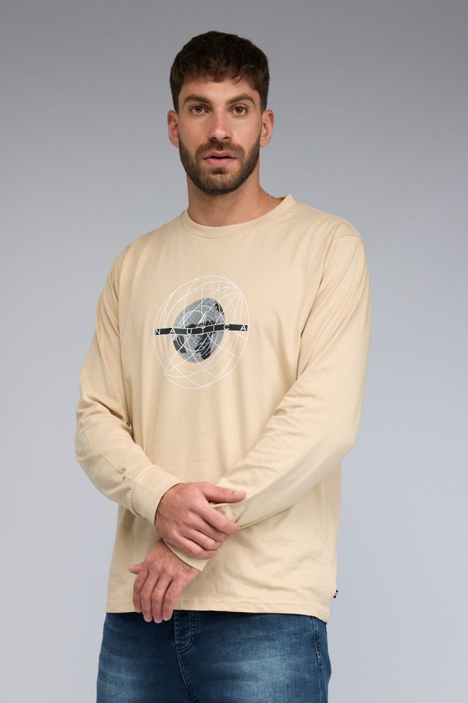 טי שירט Nautica לגברים עם שרוולים ארוכים והדפס