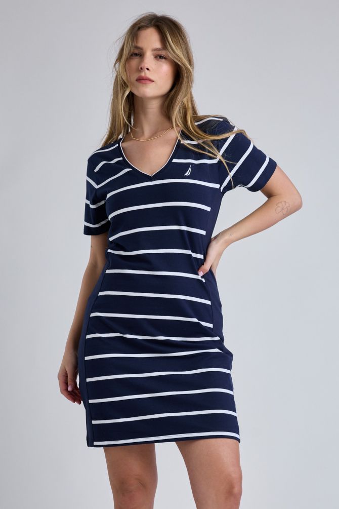 שמלת מיני פסים עם שרוולים קצרים ולוגו Nautica לנשים