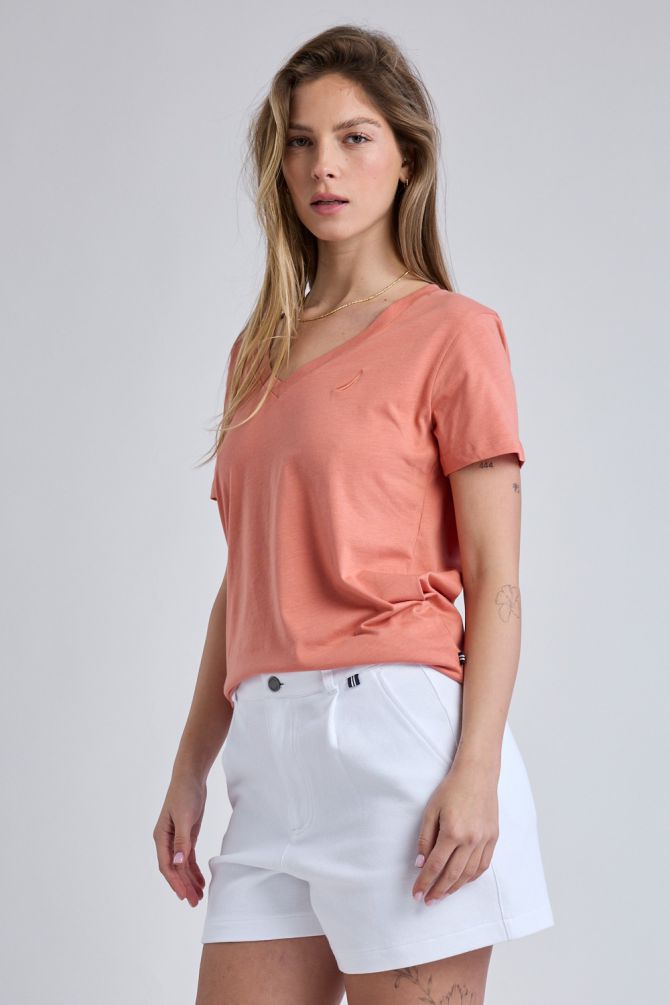 טי שירט קצרה עם צווארון V ולוגו Nautica לנשים