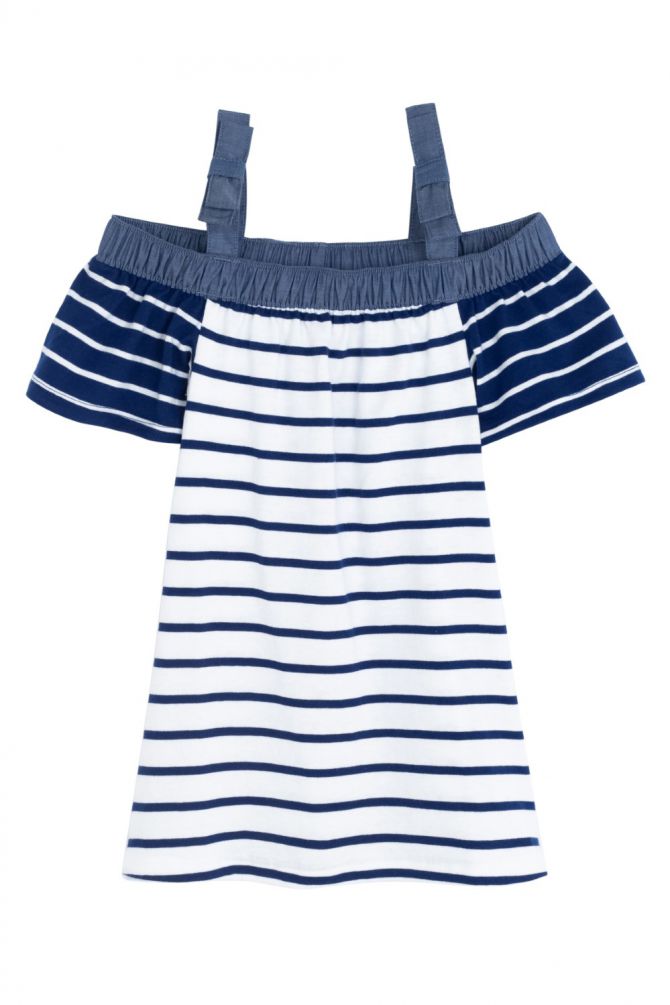 שמלת אוף שולדרס בהדפס פסים עם כיווצים בכתפיים לקטנטנות (2T-4T)