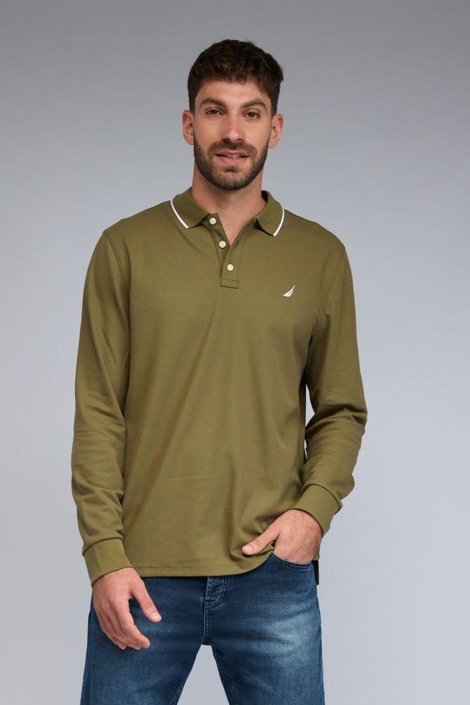 חולצת פולו Nautica ארוכה עם צווארון מעוטר לגברים