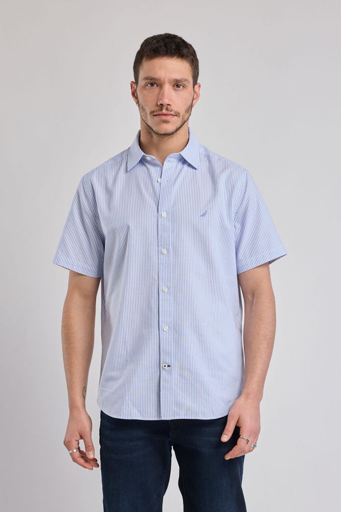 חולצה מכופתרת פסים עם שרוולים קצרים ולוגו Nautica רקום