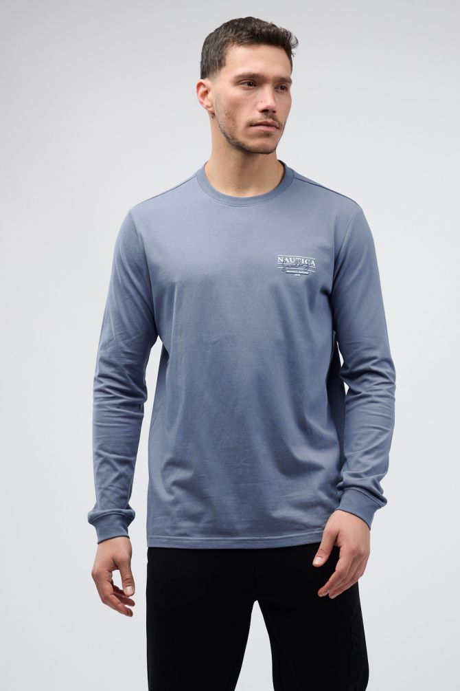 טי שירט Nautica עם שרוולים ארוכים והדפס דו צדדי לגברים