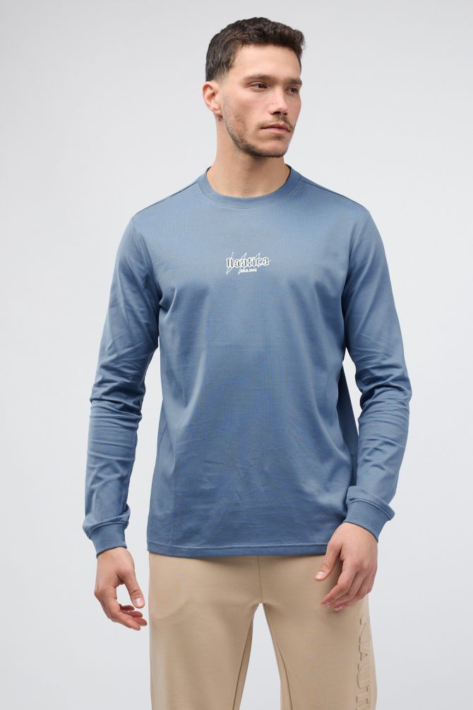 טי שירט Nautica עם שרוולים ארוכים והדפס דו צדדי לגברים