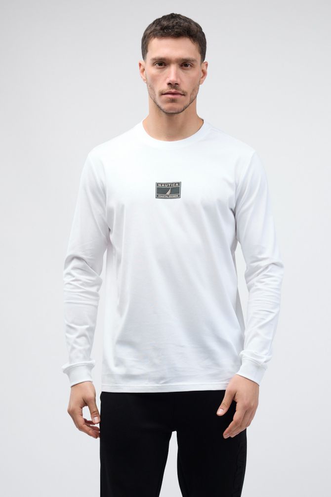 טי שירט ארוכה לגברים עם הדפס Nautica ותווית לוגו בחזה
