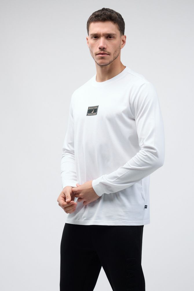 טי שירט ארוכה לגברים עם הדפס Nautica ותווית לוגו בחזה
