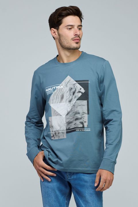 חולצת טי שירט ארוכה עם לוגו נאוטיקה והדפס ”קרקעית” לגברים