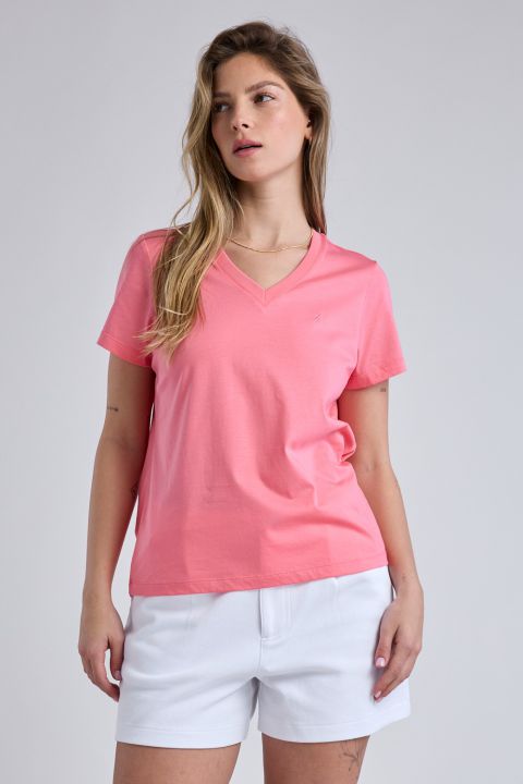 טי שירט קצרה עם צווארון V ולוגו Nautica לנשים