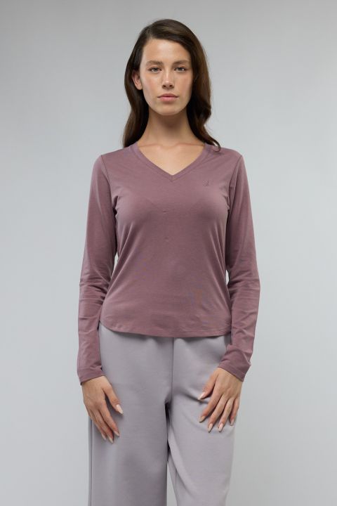 טי שירט בייסיק עם צווארון V ולוגו Nautica לנשים