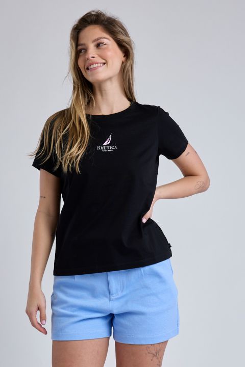 טי שירט Nautica קצרה עם הדפס מפרשית לנשים