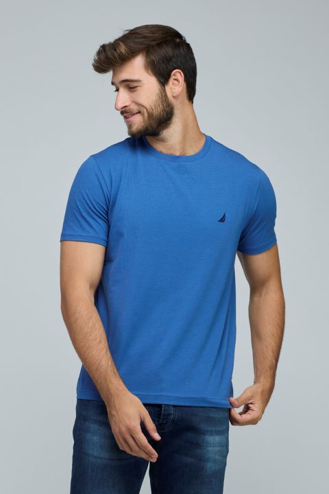 טי שירט בייסיק עם צווארון עגול ורקמת לוגו