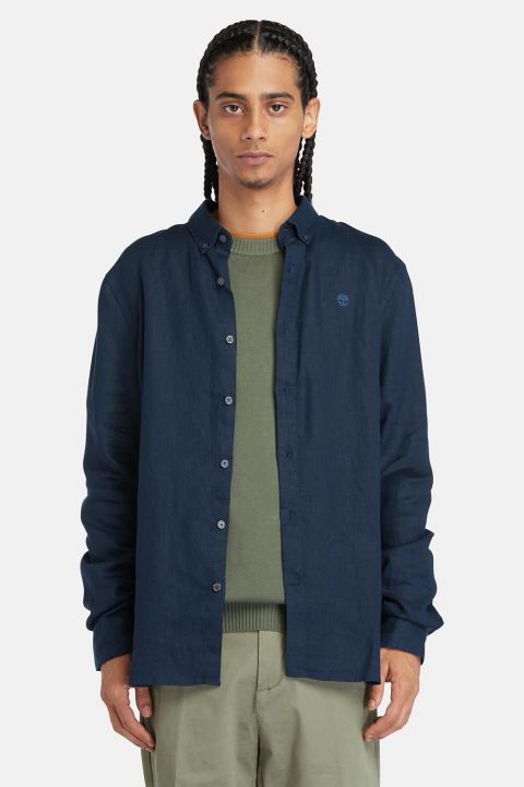 חולצת פשתן מכופתרת MILL BROOK לגברים עם לוגו רקום