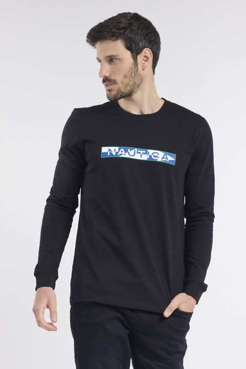 טי שירט שרוולים ארוכים ופסים גאומטרים בלוגו