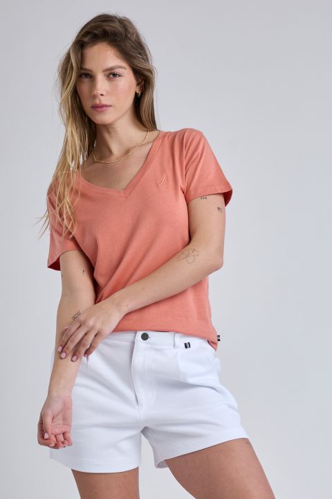 טי שירט קצרה עם צווארון V ולוגו Nautica לנשים