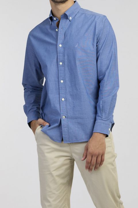 חולצה מכופתרת לגברים עם משבצות קטנות בגוון נייבי